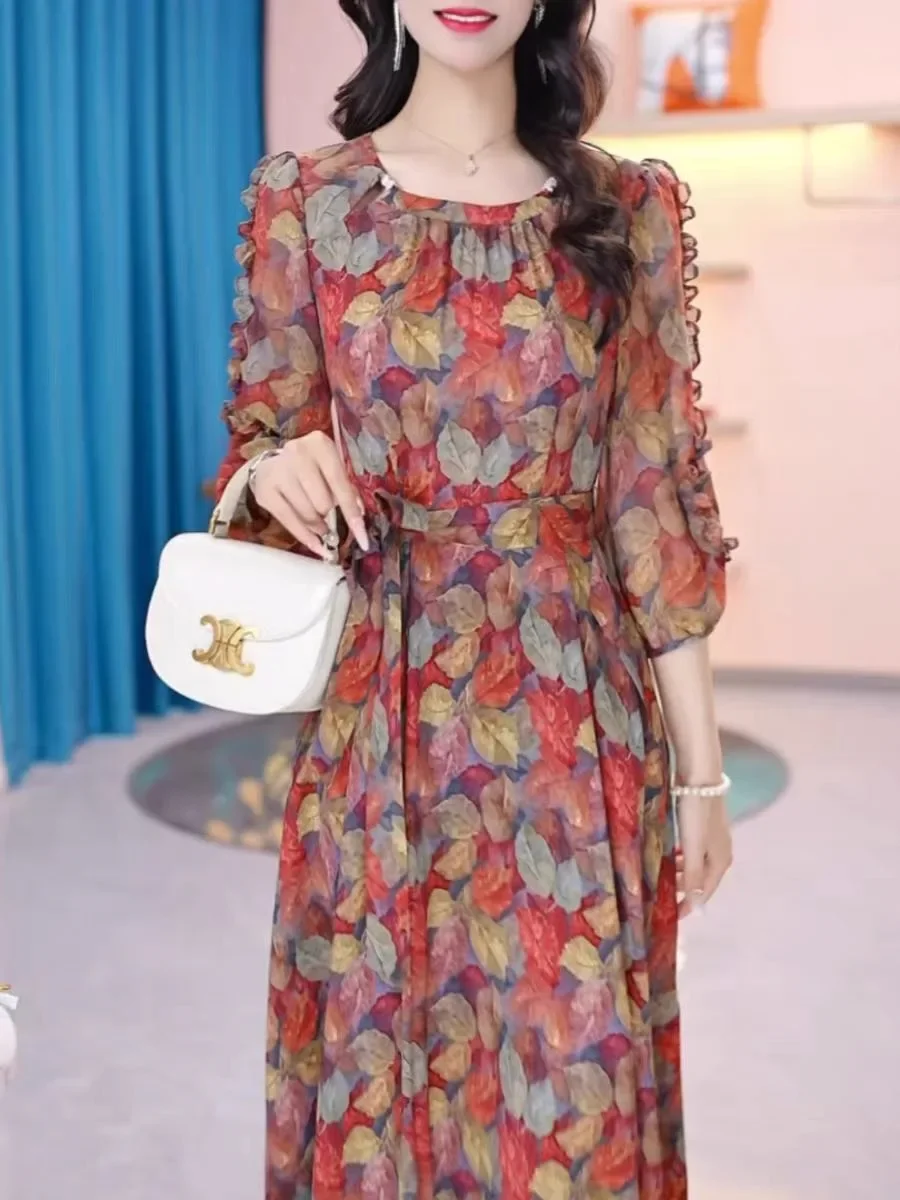 FADFAD Gaun rok elegan motif bunga pinggang ramping dengan lengan panjang dan terdapat variasi tali pinggang