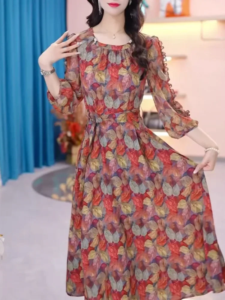 FADFAD Gaun rok elegan motif bunga pinggang ramping dengan lengan panjang dan terdapat variasi tali pinggang