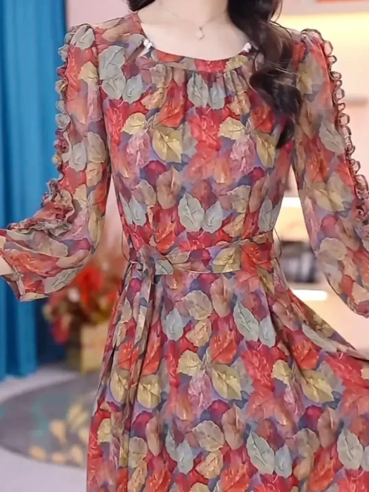 FADFAD Gaun rok elegan motif bunga pinggang ramping dengan lengan panjang dan terdapat variasi tali pinggang
