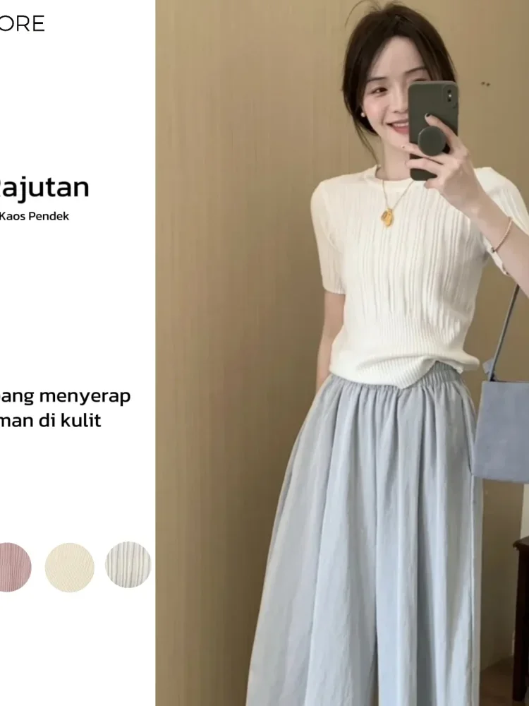 [DISKON KILAT]FADFAD Atasan pendek seksi pas badan pinggang leher bulat kaus sweter lengan pendek untuk wanita
