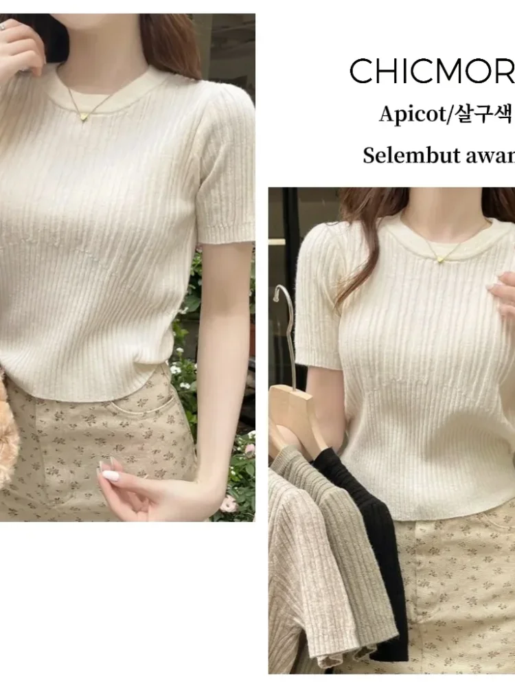 [DISKON KILAT]FADFAD Atasan pendek seksi pas badan pinggang leher bulat kaus sweter lengan pendek untuk wanita