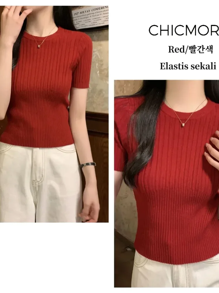 [DISKON KILAT]FADFAD Atasan pendek seksi pas badan pinggang leher bulat kaus sweter lengan pendek untuk wanita