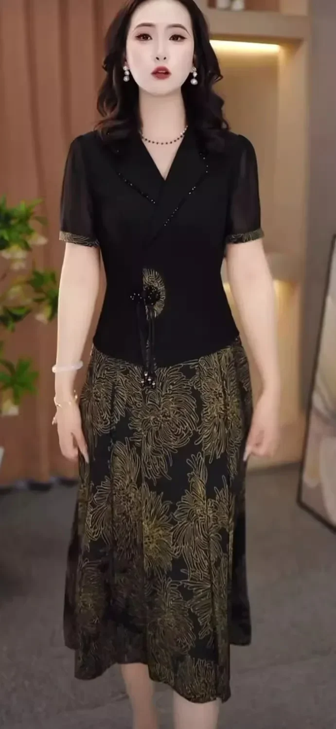 [DISKON KILAT]FADFAD Gaun midi gaya retro dua potong palsu untuk wanita