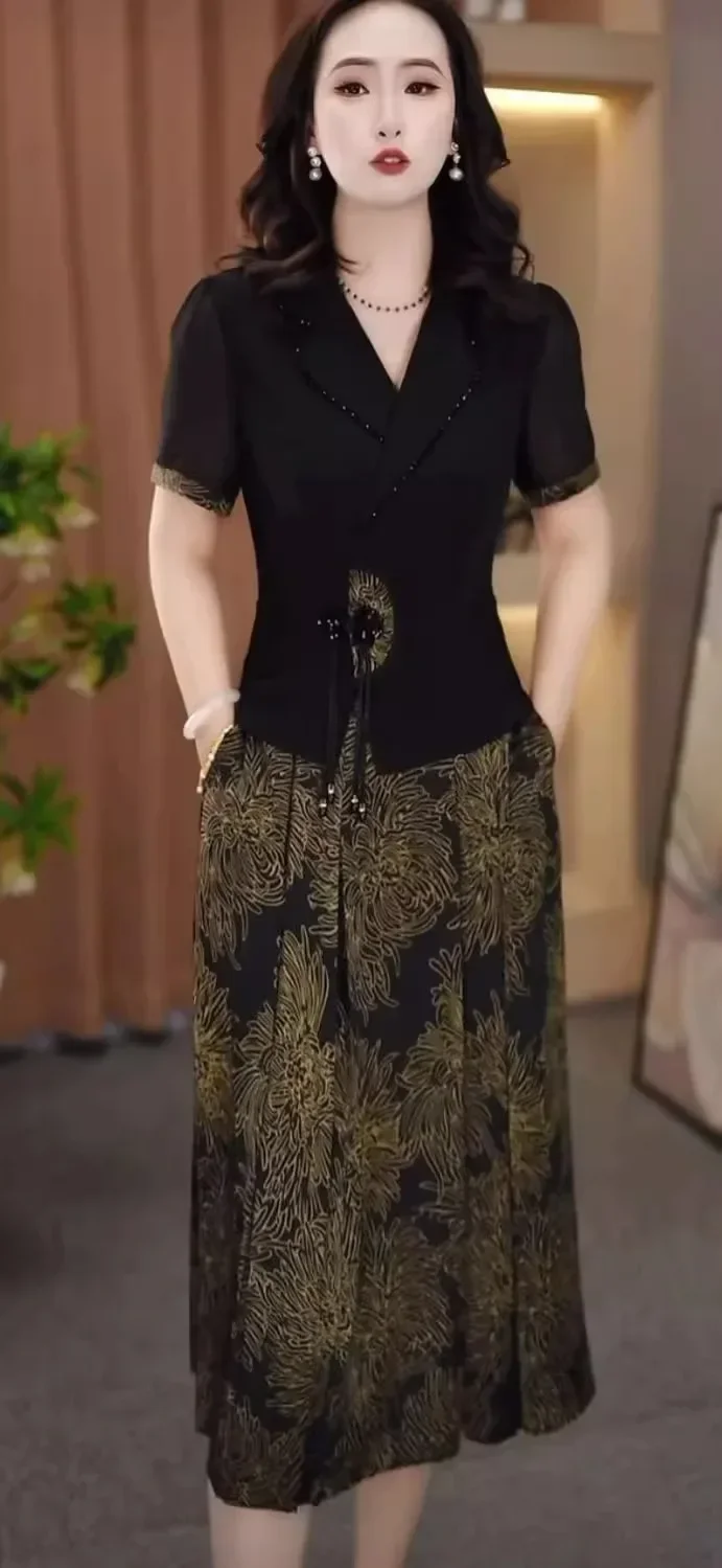 [DISKON KILAT]FADFAD Gaun midi gaya retro dua potong palsu untuk wanita