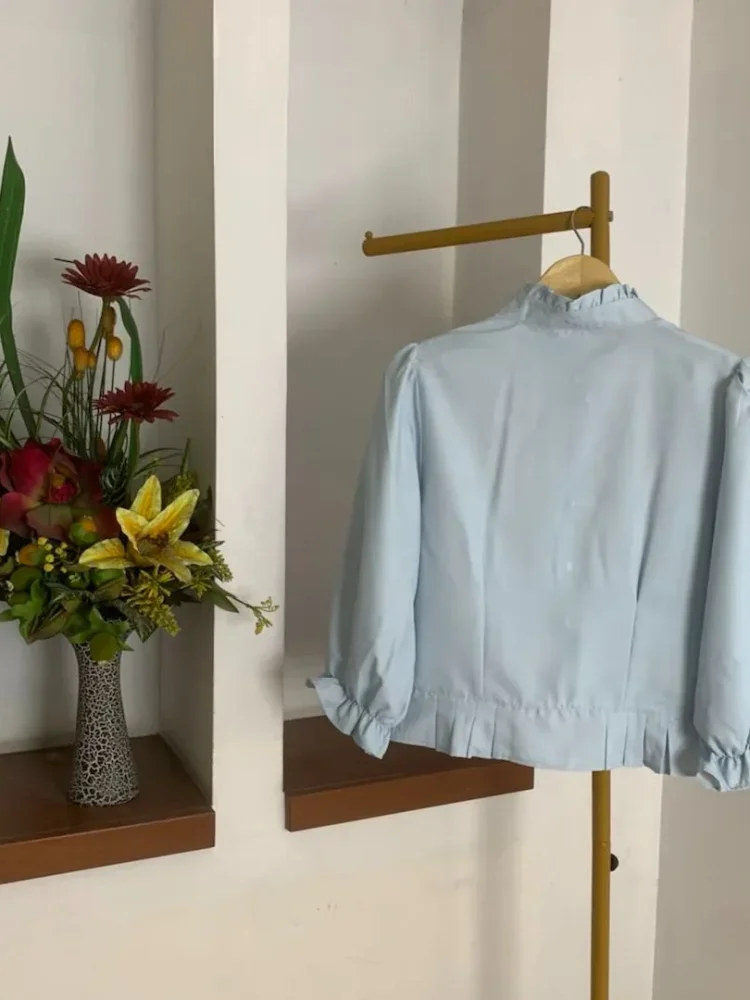 ASAYA Atasan kemeja desain kupu-kupu cantik lengan panjang untuk wanita gaya retro