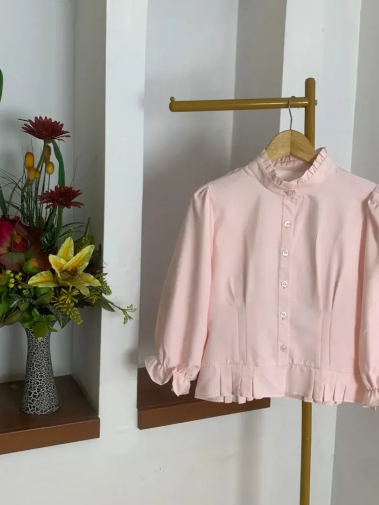 ASAYA Atasan kemeja desain kupu-kupu cantik lengan panjang untuk wanita gaya retro