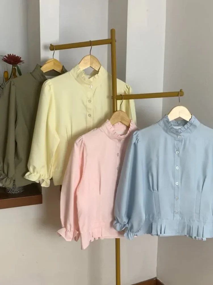 ASAYA Atasan kemeja desain kupu-kupu cantik lengan panjang untuk wanita gaya retro