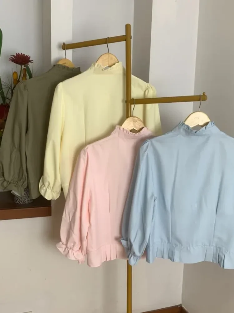 ASAYA Atasan kemeja desain kupu-kupu cantik lengan panjang untuk wanita gaya retro