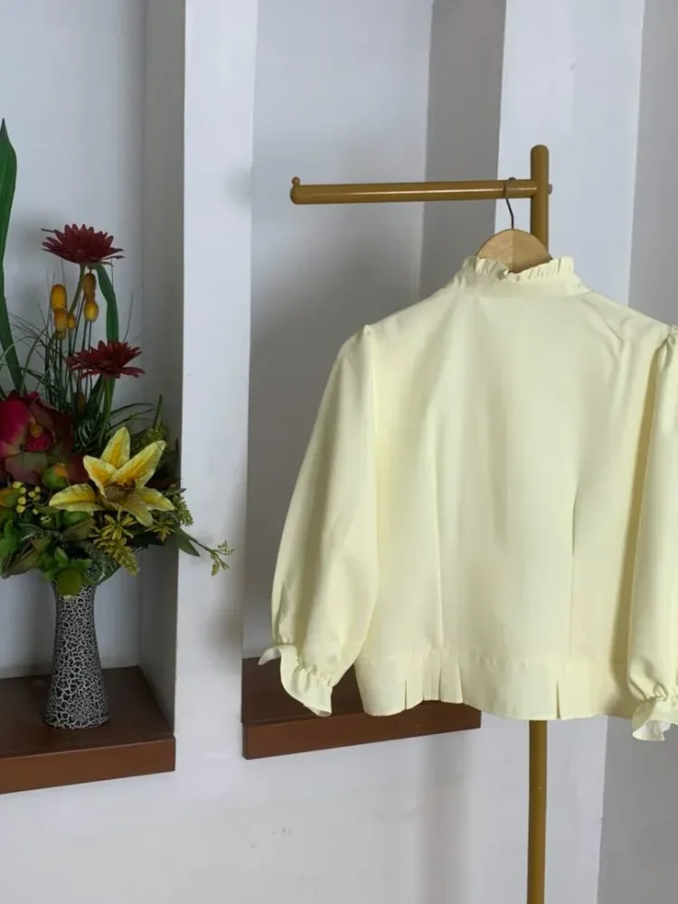 ASAYA Atasan kemeja desain kupu-kupu cantik lengan panjang untuk wanita gaya retro