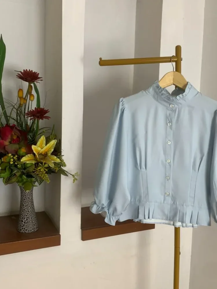 ASAYA Atasan kemeja desain kupu-kupu cantik lengan panjang untuk wanita gaya retro