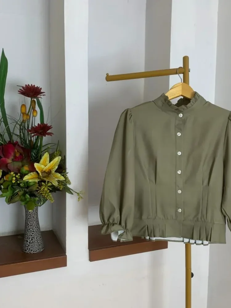 ASAYA Atasan kemeja desain kupu-kupu cantik lengan panjang untuk wanita gaya retro
