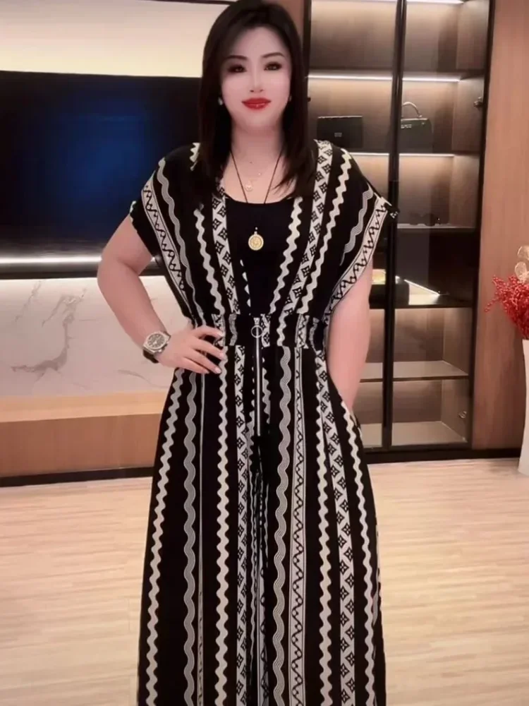 FADFAD Jumpsuit untuk wanita dengan motif cetak dan celana lurus panjang gaya elegan