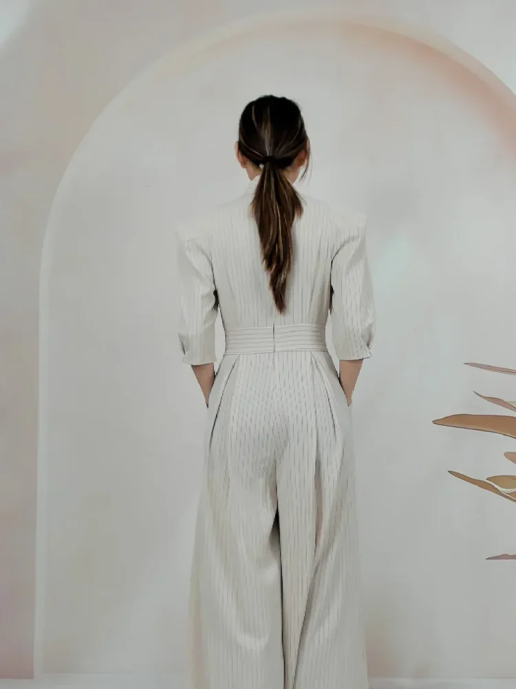 FADFAD Jumpsuit ramping bergaris dengan pinggang tinggi celana lebar dan lengan 3/4 kelas atas mewah wanita
