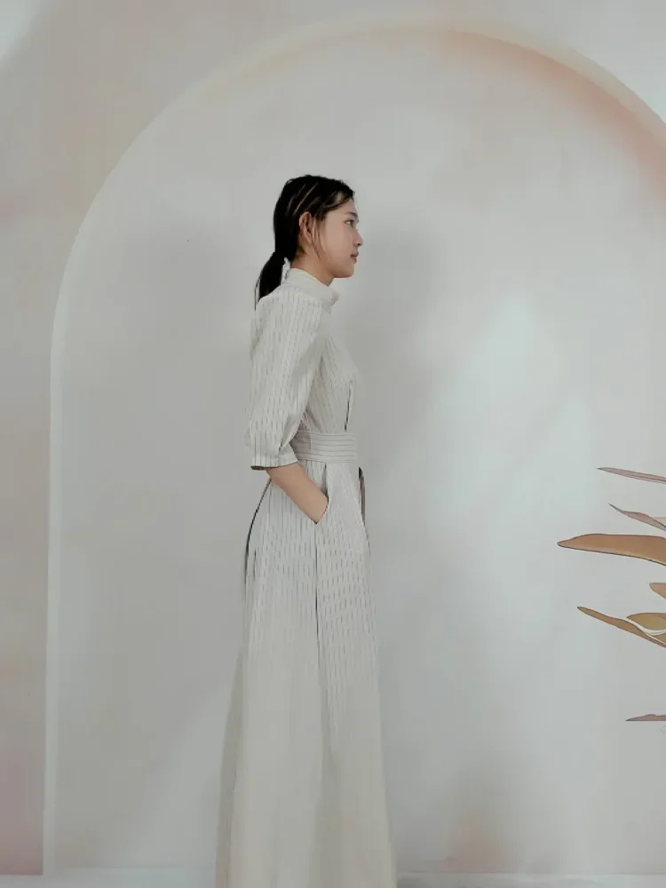 FADFAD Jumpsuit ramping bergaris dengan pinggang tinggi celana lebar dan lengan 3/4 kelas atas mewah wanita