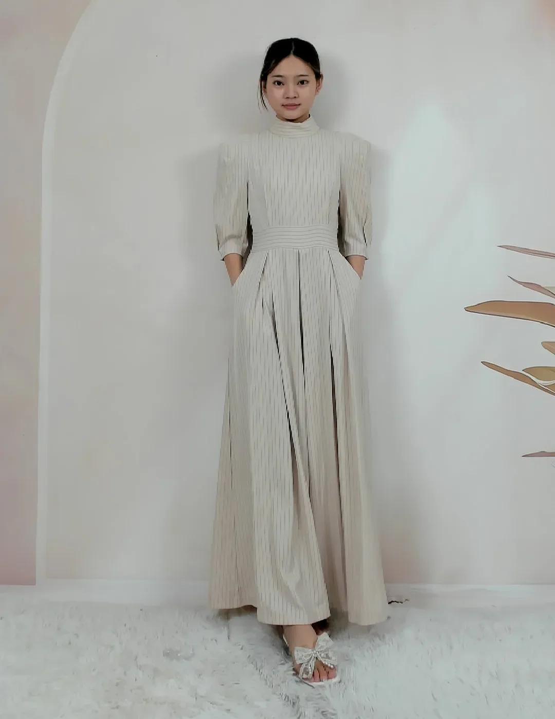 FADFAD Jumpsuit ramping bergaris dengan pinggang tinggi celana lebar dan lengan 3/4 kelas atas mewah wanita
