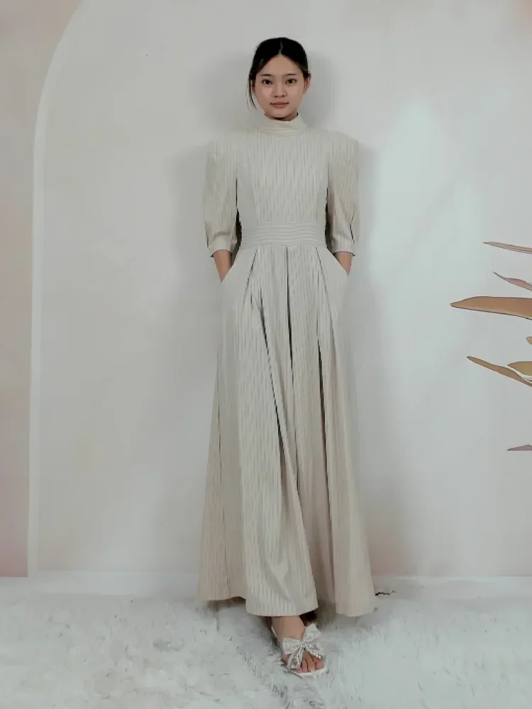 FADFAD Jumpsuit ramping bergaris dengan pinggang tinggi celana lebar dan lengan 3/4 kelas atas mewah wanita