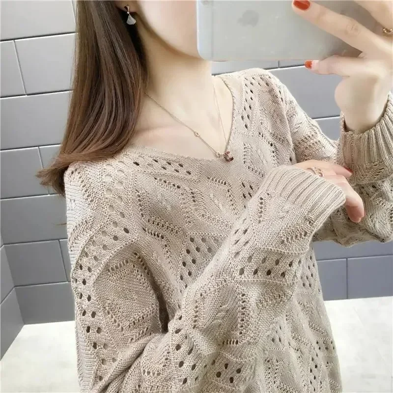 [DISKON KILAT]CHICMORE Atasan sweter lengan panjang berongga pullover v-neck untuk wanita