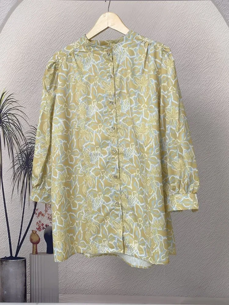 ASAYA Atasan kemeja lengan panjang  elegan longgar kasual cetak