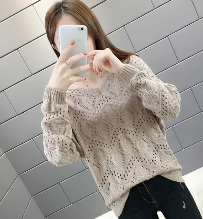 [DISKON KILAT]CHICMORE Atasan sweter lengan panjang berongga pullover v-neck untuk wanita