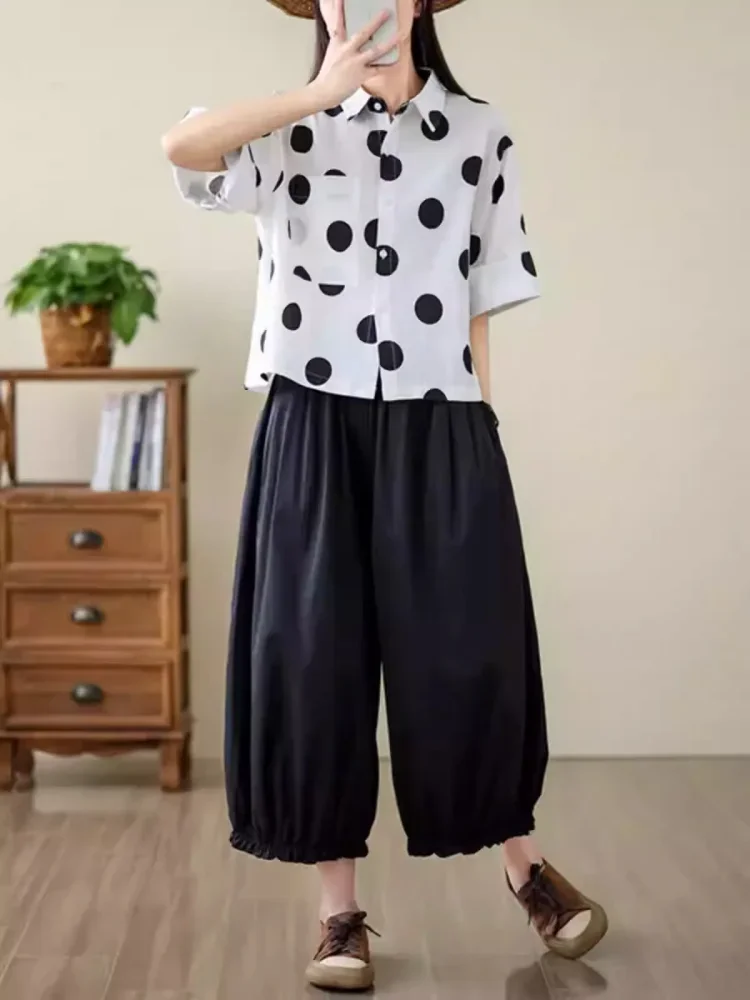 [DISKON KILAT]CHICMORE Setelan dua potong atasan kemeja lengan pendek motif polkadot  + celana panjang kaki lebar