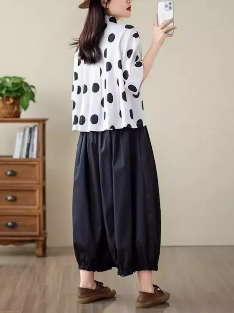 [DISKON KILAT]CHICMORE Setelan dua potong atasan kemeja lengan pendek motif polkadot  + celana panjang kaki lebar