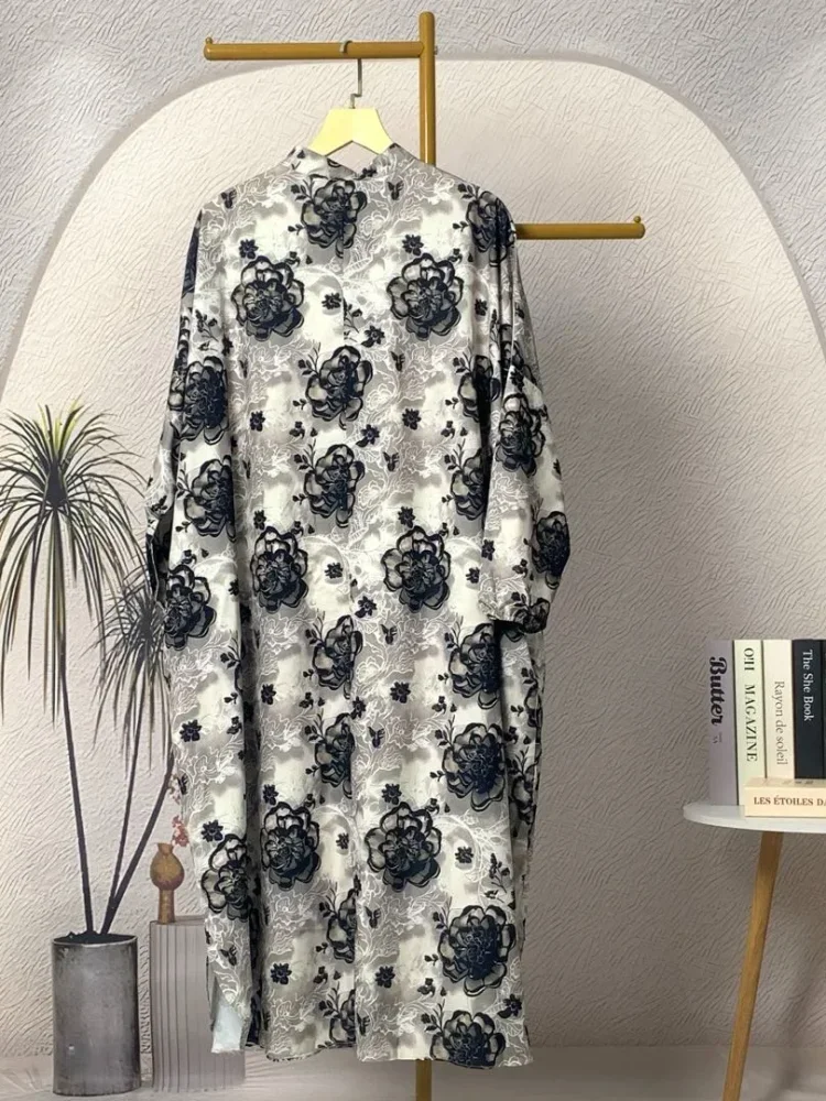ASAYA Gaun panjang longgar kasual tipis bermotif dengan desain mode elegan