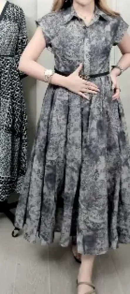 FADFAD Gaun gaya elegan lengan pendek berkerah rok panjang lebar motif cetak dengan sabuk untuk wanita