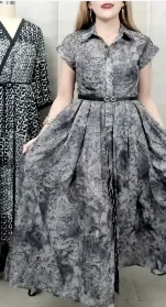 FADFAD Gaun gaya elegan lengan pendek berkerah rok panjang lebar motif cetak dengan sabuk untuk wanita