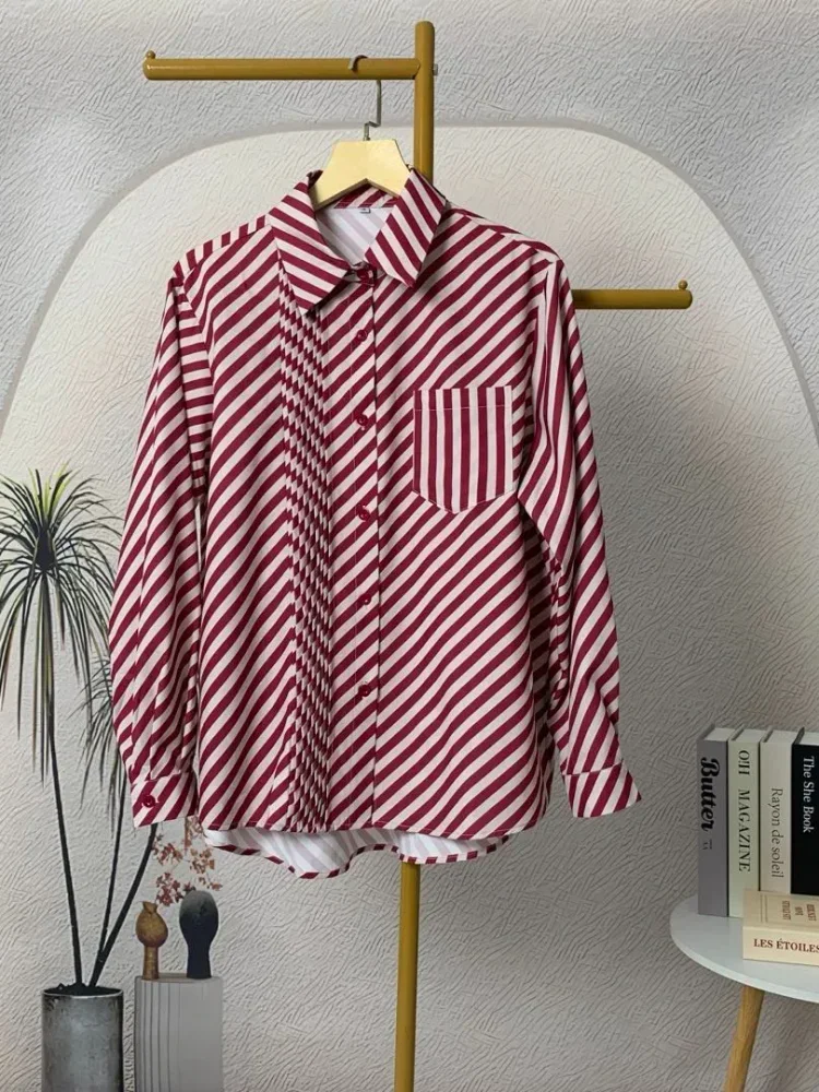 [DISKON KILAT]FADFAD Atasan kemeja desain retro bergaris merah untuk wanita