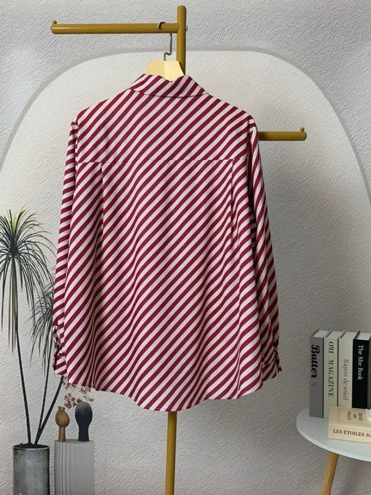 [DISKON KILAT]FADFAD Atasan kemeja desain retro bergaris merah untuk wanita