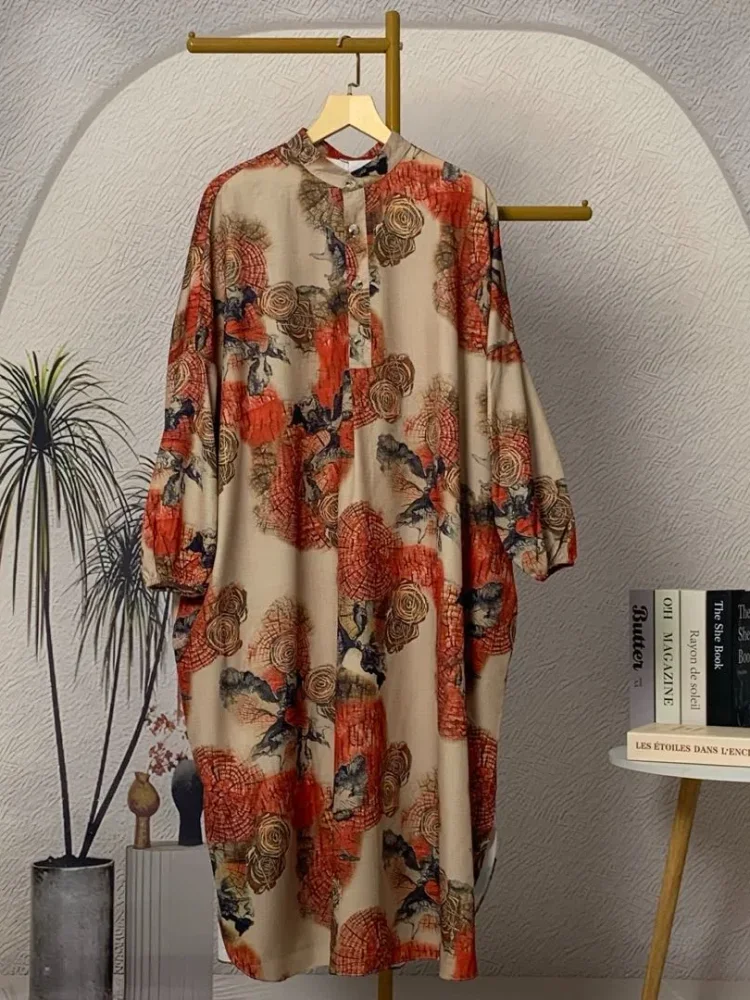 ASAYA Gaun panjang longgar kasual tipis bermotif dengan desain mode elegan