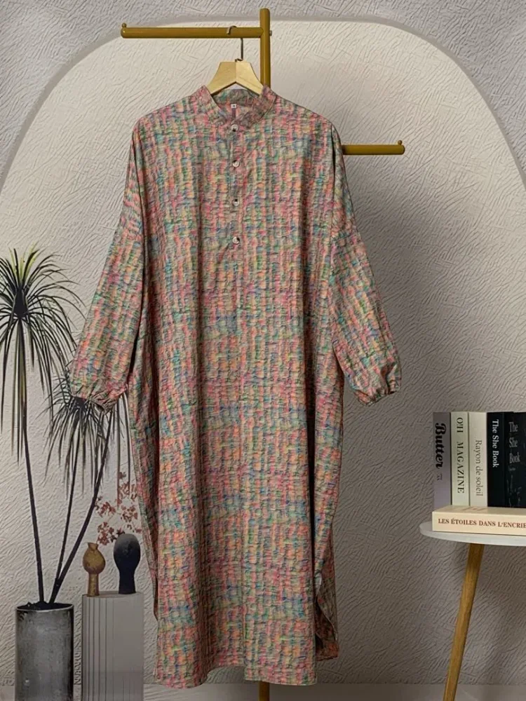 ASAYA Gaun panjang longgar kasual tipis bermotif dengan desain mode elegan