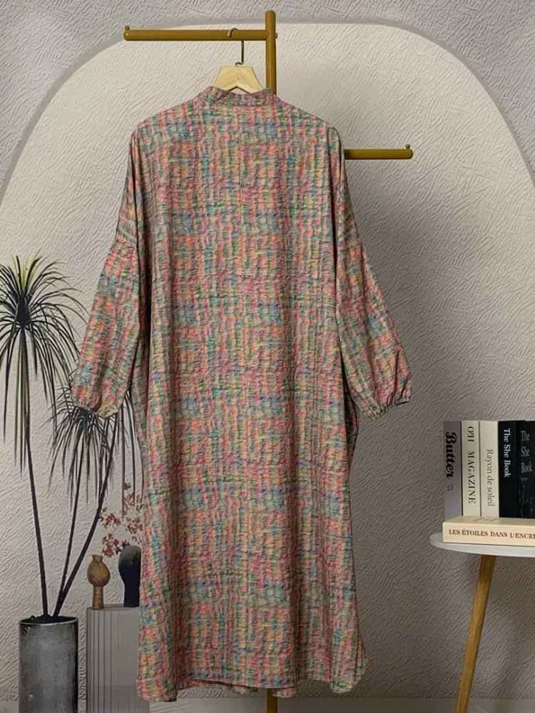 ASAYA Gaun panjang longgar kasual tipis bermotif dengan desain mode elegan