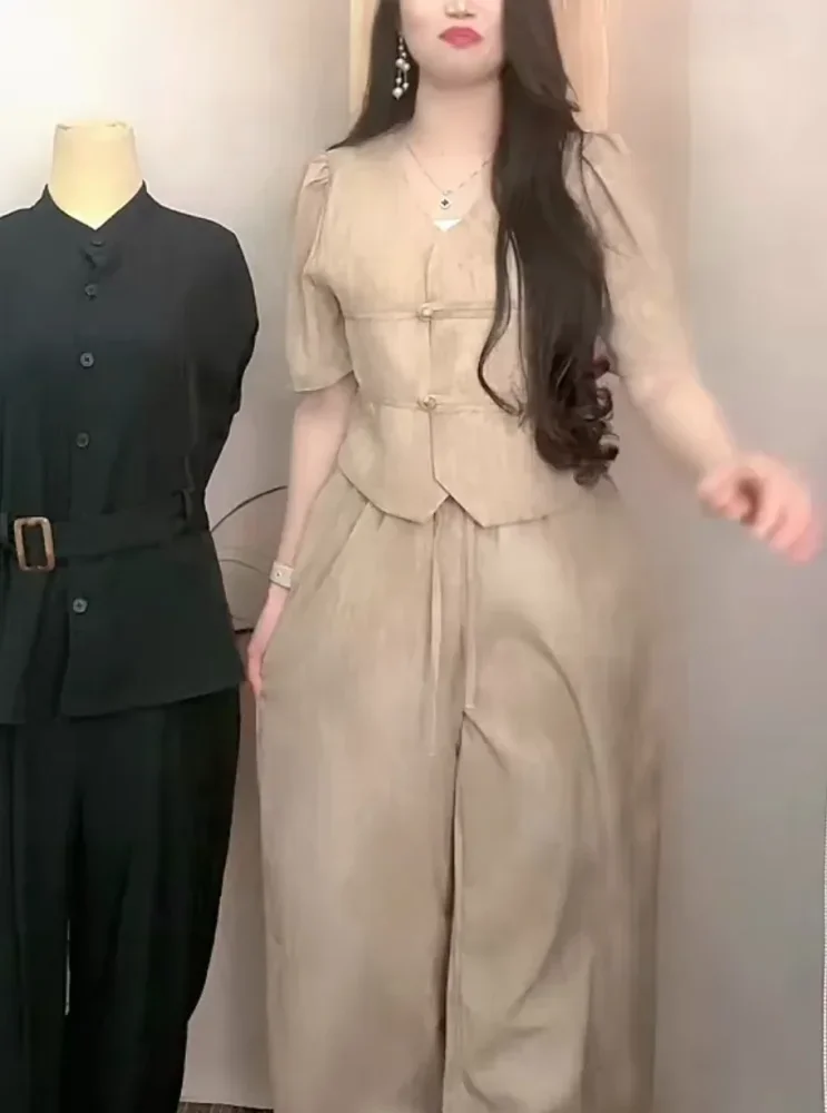 FADFAD Setelan atasan lengan pendek + celana panjang bermotif dengan gaya kasual untuk wanita