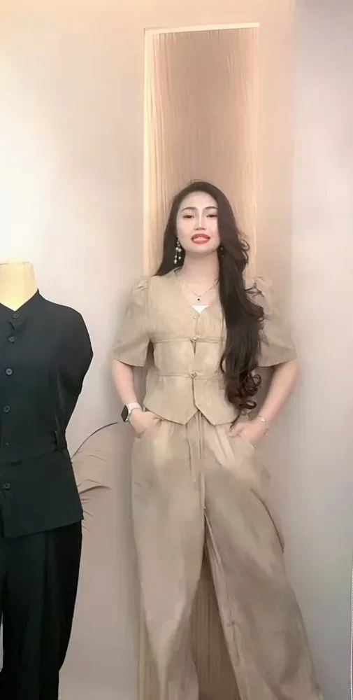 FADFAD Setelan atasan lengan pendek + celana panjang bermotif dengan gaya kasual untuk wanita