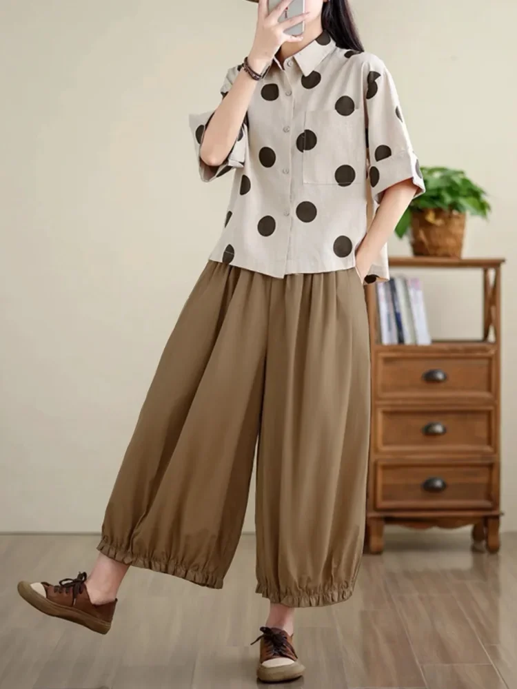 [DISKON KILAT]CHICMORE Setelan dua potong atasan kemeja lengan pendek motif polkadot  + celana panjang kaki lebar