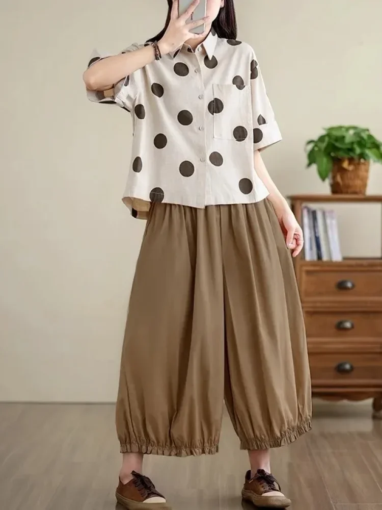 [DISKON KILAT]CHICMORE Setelan dua potong atasan kemeja lengan pendek motif polkadot  + celana panjang kaki lebar