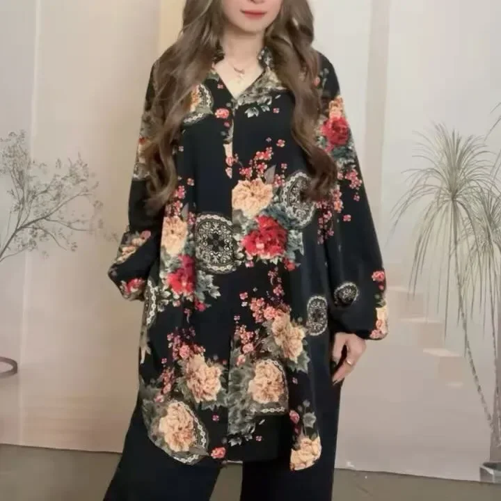 [DISKON KILAT]ASAYA Kemeja untuk wanita lengan tiga perempat bermotif gaya retro