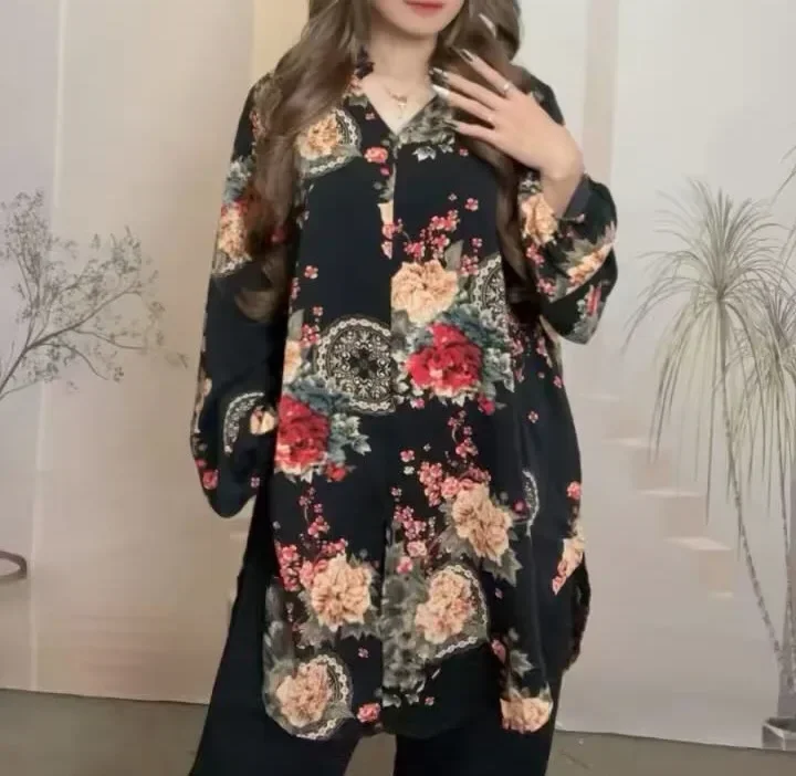 [DISKON KILAT]ASAYA Kemeja untuk wanita lengan tiga perempat bermotif gaya retro