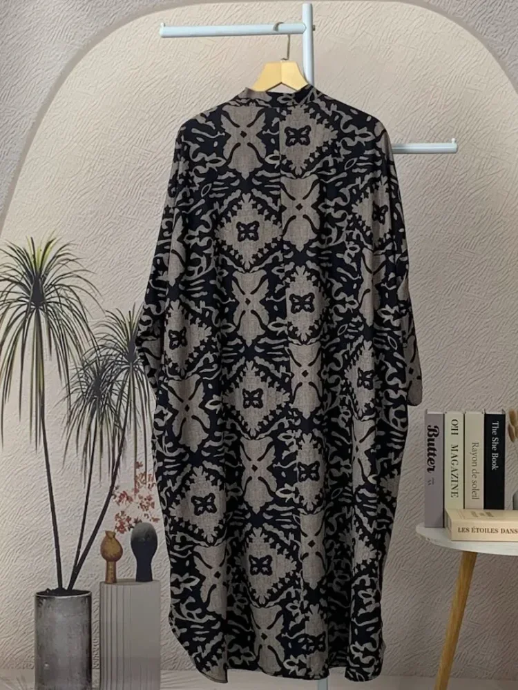 ASAYA Gaun panjang longgar kasual tipis bermotif dengan desain mode elegan