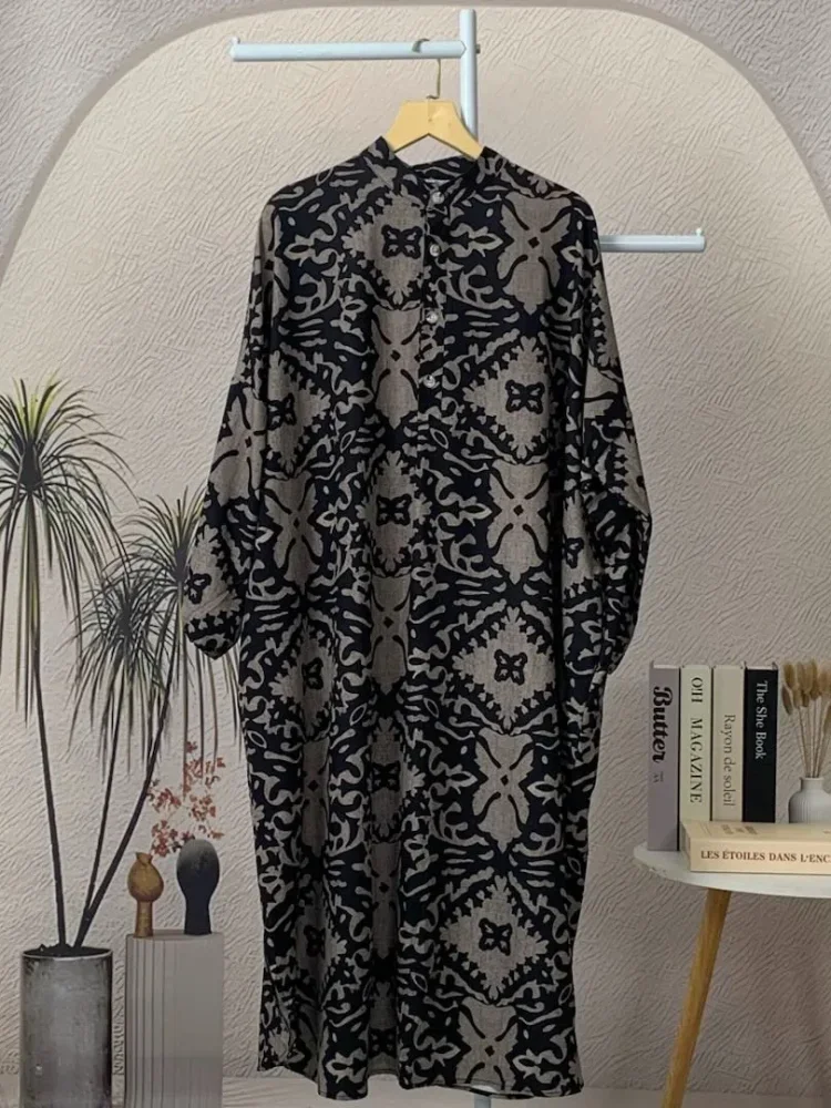 ASAYA Gaun panjang longgar kasual tipis bermotif dengan desain mode elegan