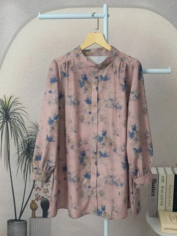 ASAYA Atasan kemeja lengan panjang  elegan longgar kasual cetak