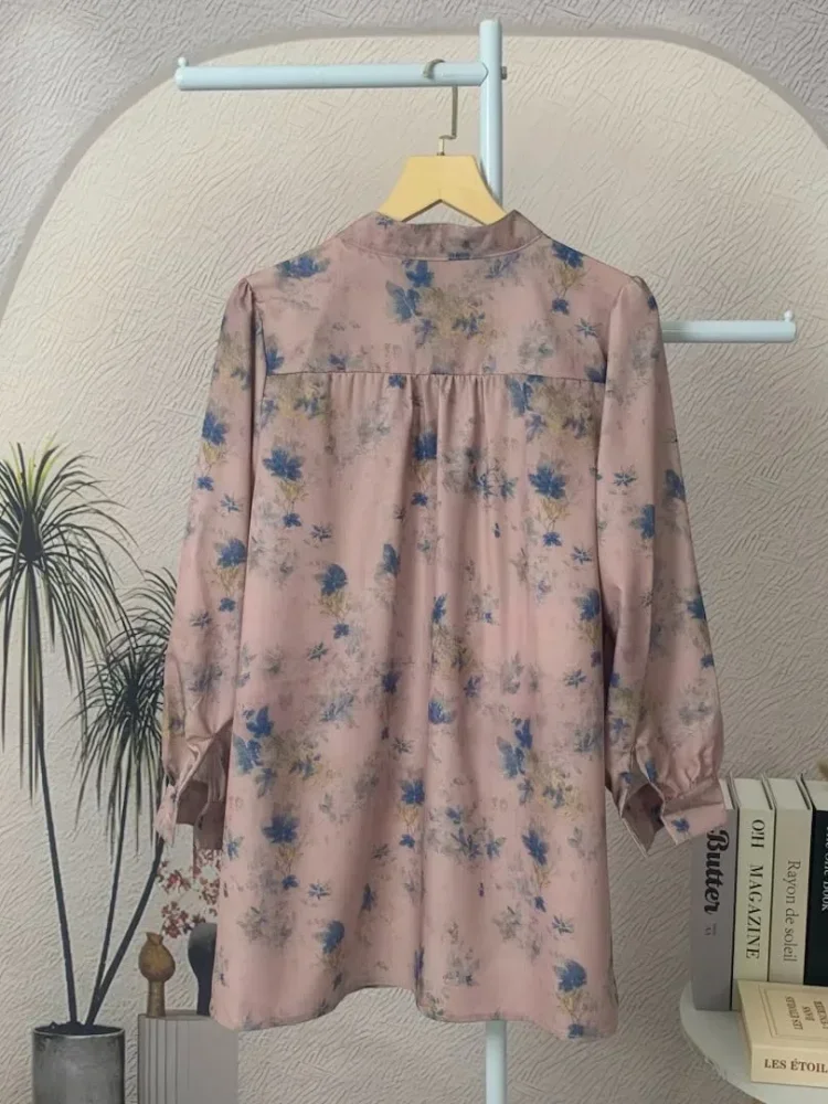 ASAYA Atasan kemeja lengan panjang  elegan longgar kasual cetak
