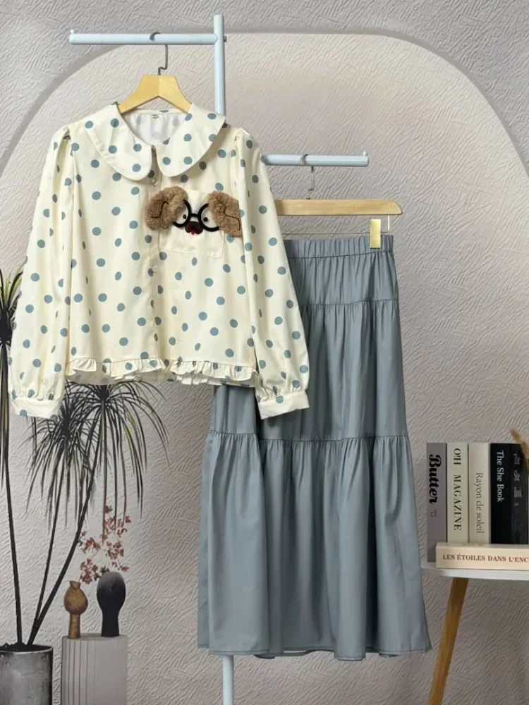 [DISKON KILAT]CHICMORE Gaun kemeja panjang anjing kecil yang lucu dengan motif polkadot, lengan panjang, kerah kemeja