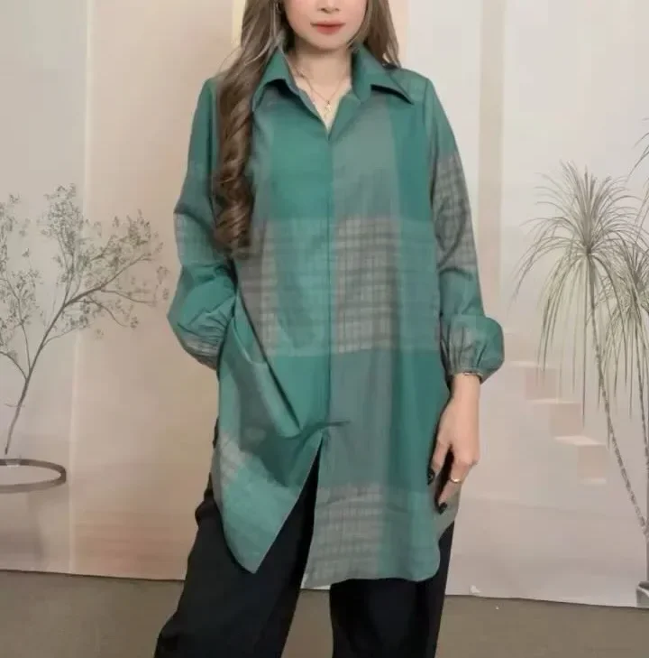 ASAYA Atasan gaya retro kerah v model longgar motif cetak untuk wanita