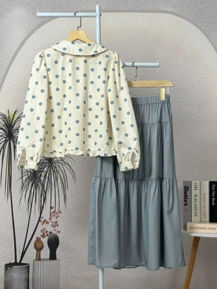 [DISKON KILAT]CHICMORE Gaun kemeja panjang anjing kecil yang lucu dengan motif polkadot, lengan panjang, kerah kemeja