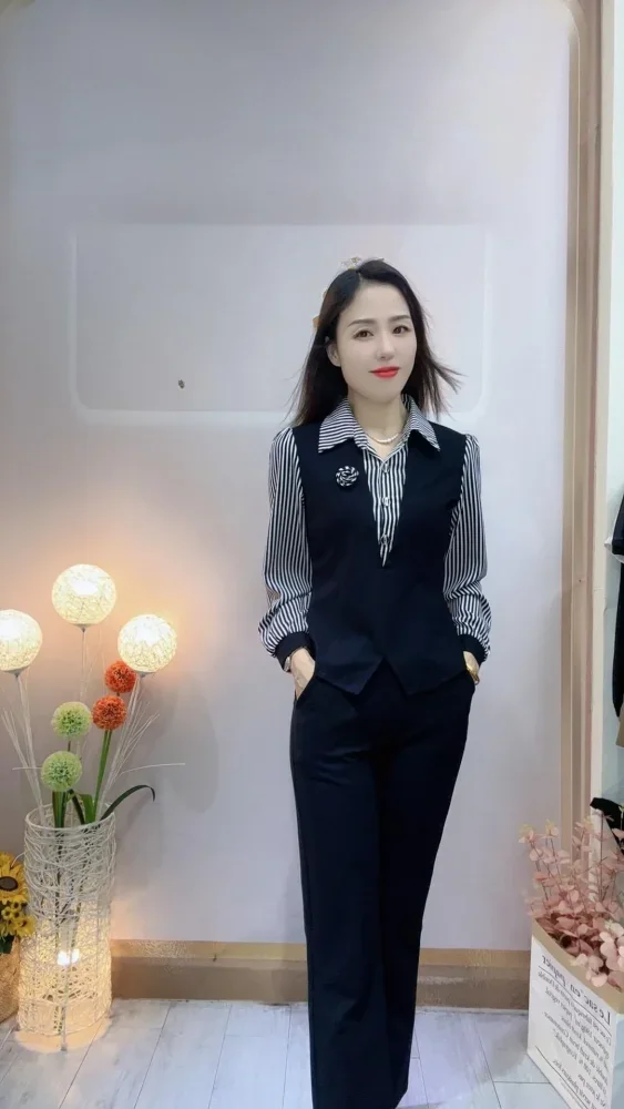 FADFAD Setelan dua potong palsu  pakaian wanita atasan kemeja gaya kasual + celana panjang gaya kasual