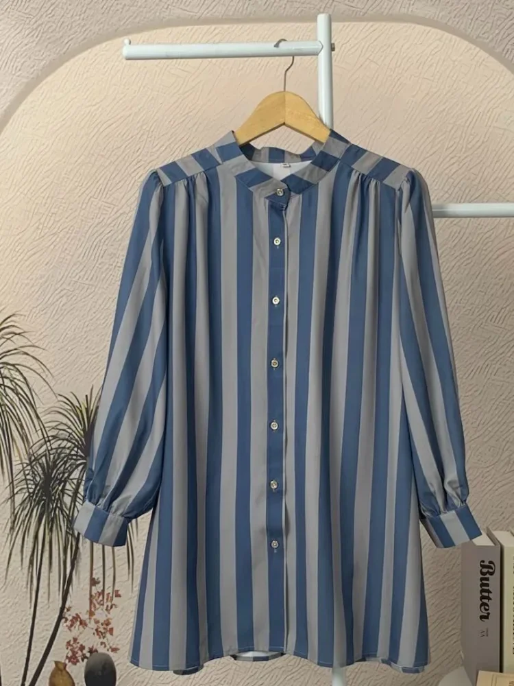 ASAYA Atasan kemeja lengan panjang  elegan longgar kasual cetak