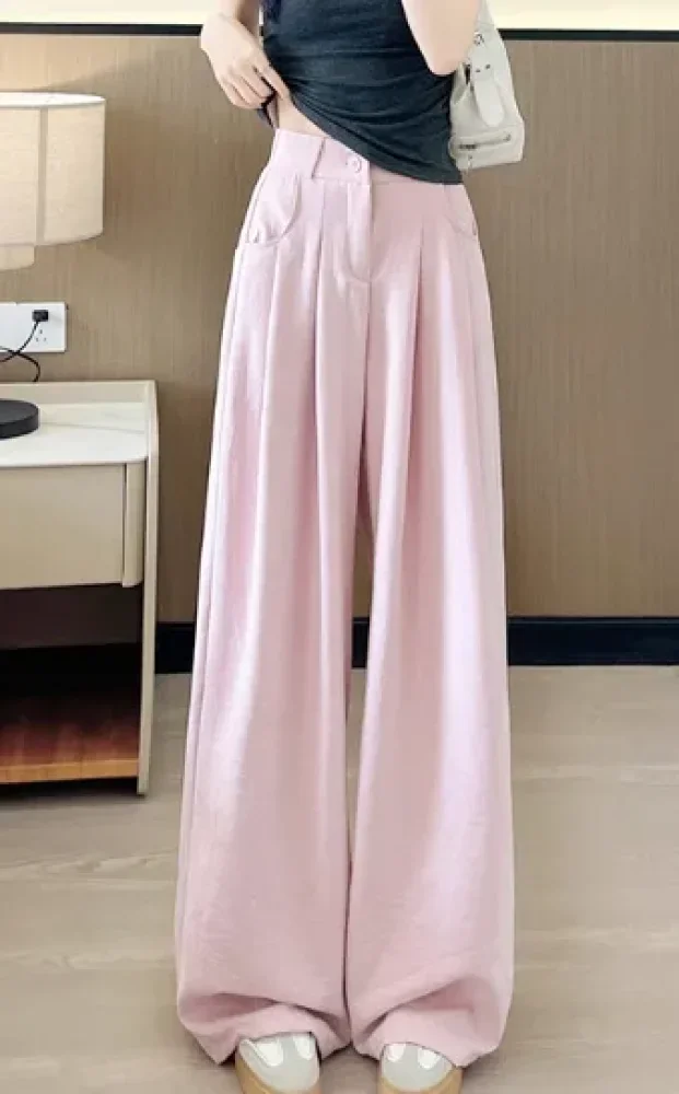 CHICMORE Wanita musim panas baru es silk casual celana pinggang tinggi longgar vertikal perlindungan matahari kaki lebar（bagian depan mulus）