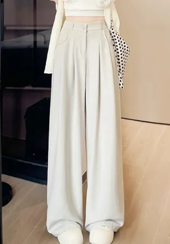 CHICMORE Wanita musim panas baru es silk casual celana pinggang tinggi longgar vertikal perlindungan matahari kaki lebar（bagian depan mulus）